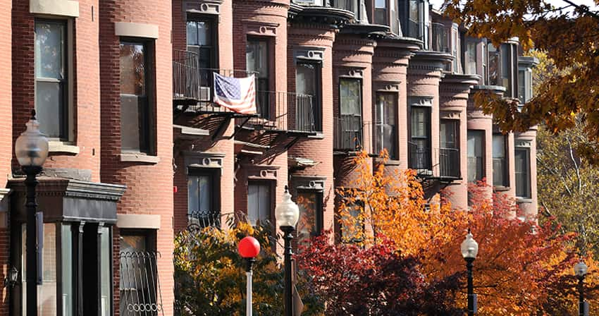 A row of brick Victorian houses in Boston's South End neighborhood